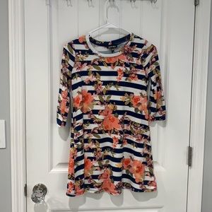 Moon & Stars Navy blue and white striped floral dress. Size M (10-12).